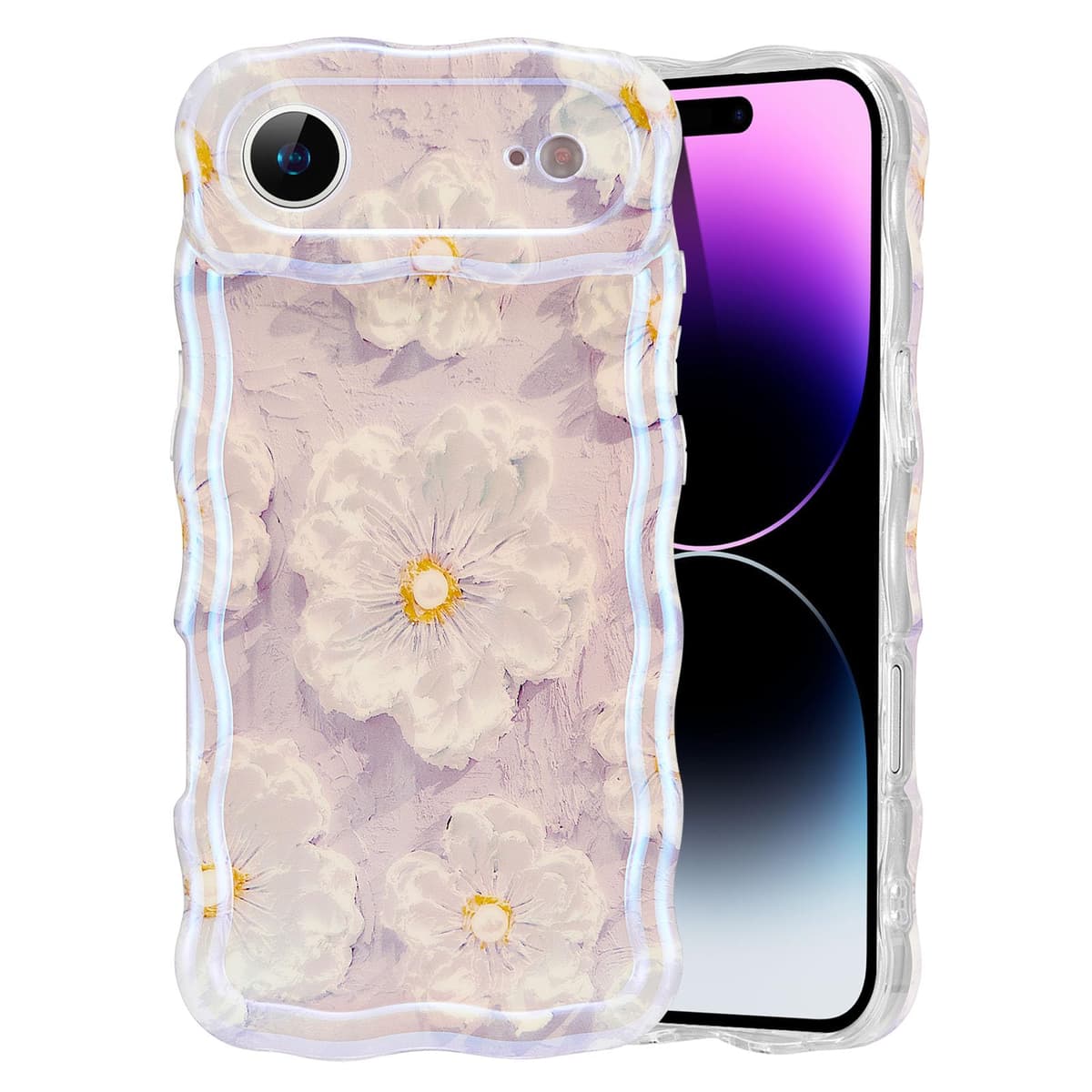 EYZUTAK Case for iPhone 16, Colorful Retro Oil Painting Printed Flower Laser Glossy Pattern Cute Curly Wave Edge Exquisite Phone Cover Stylish Durable TPU Protective Case for Girl Women-Green — view 75