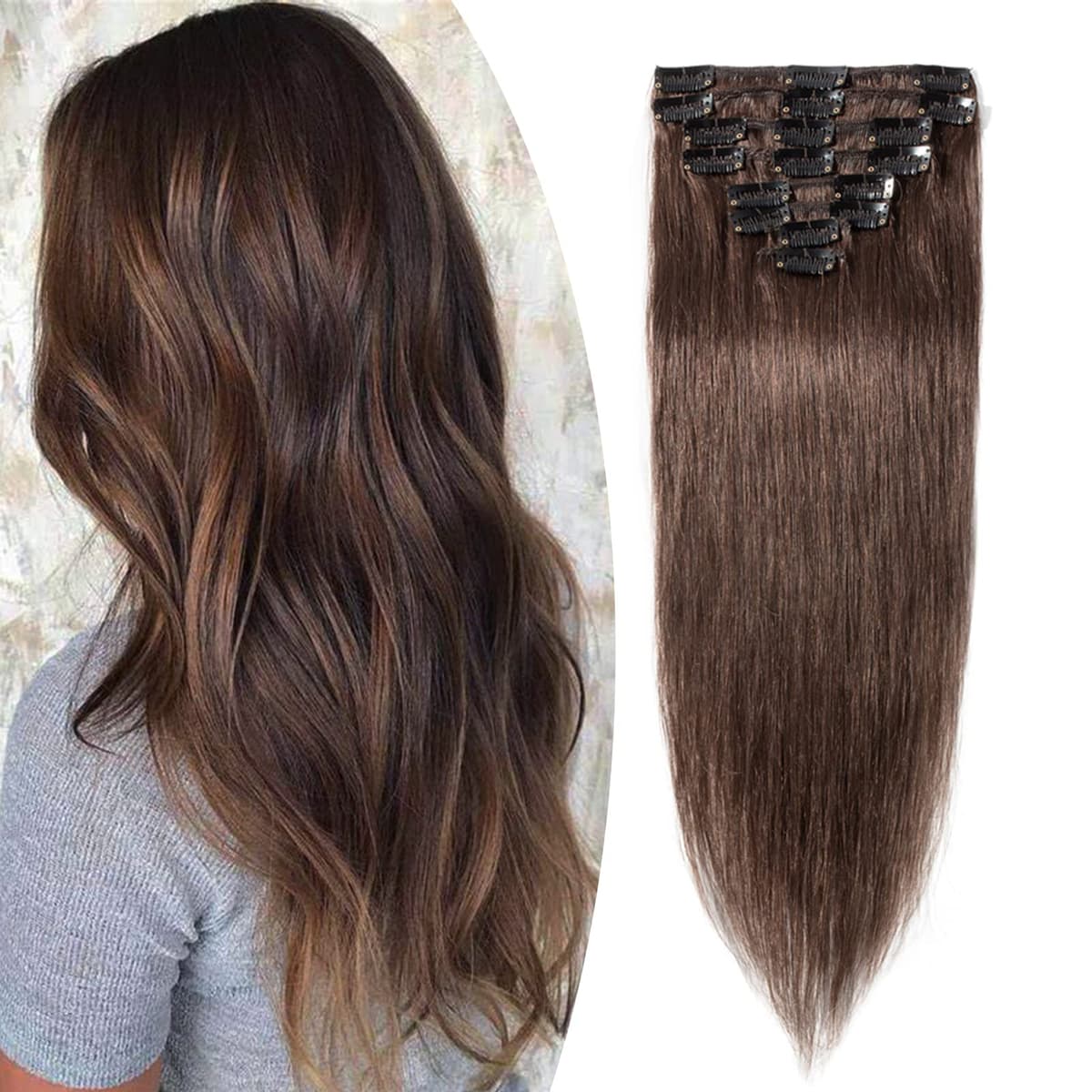 12 inch Clip in Hair Extension Human Hair One Piece 100% Real Remy [#2 Dark Brown] 3/4 Full Head Straight Hair Pieces for Women Invisible Short (40g) — view 60