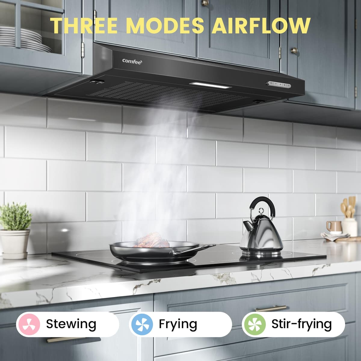 COMFEE' 60 cm Visor Cooker Hood LED Extractor Hood Under Cabinet Hood Wall Mounted Extractor Fan 600 mm Top Vented Range Hood - Black KWH-SLIF17B-60 — view 2