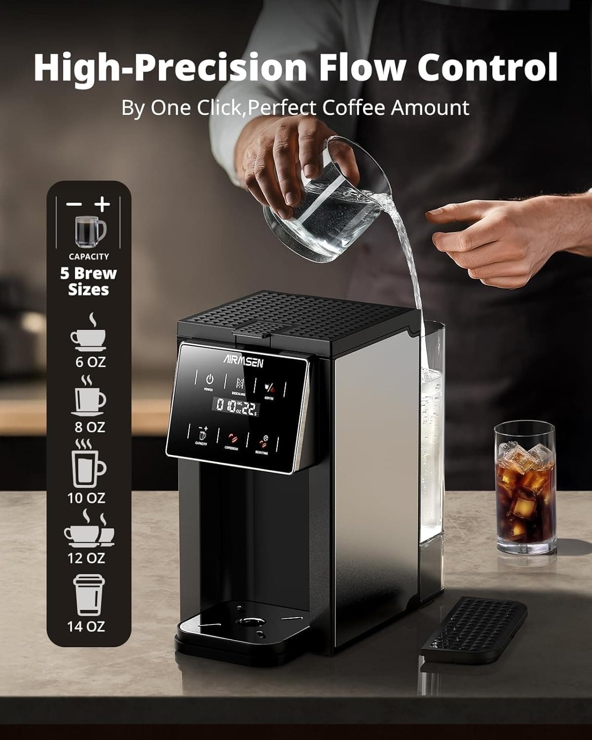 AIRMSEN Grind & Brew Coffee Maker with Built-in Grinder (2026 Model) - Single-Serve, Compatible with K-Cup Pods & Ground, 1000W Fast 6-14oz Brewer, Descaling Alert, Touchscreen & 50oz Removable Tank — view 4