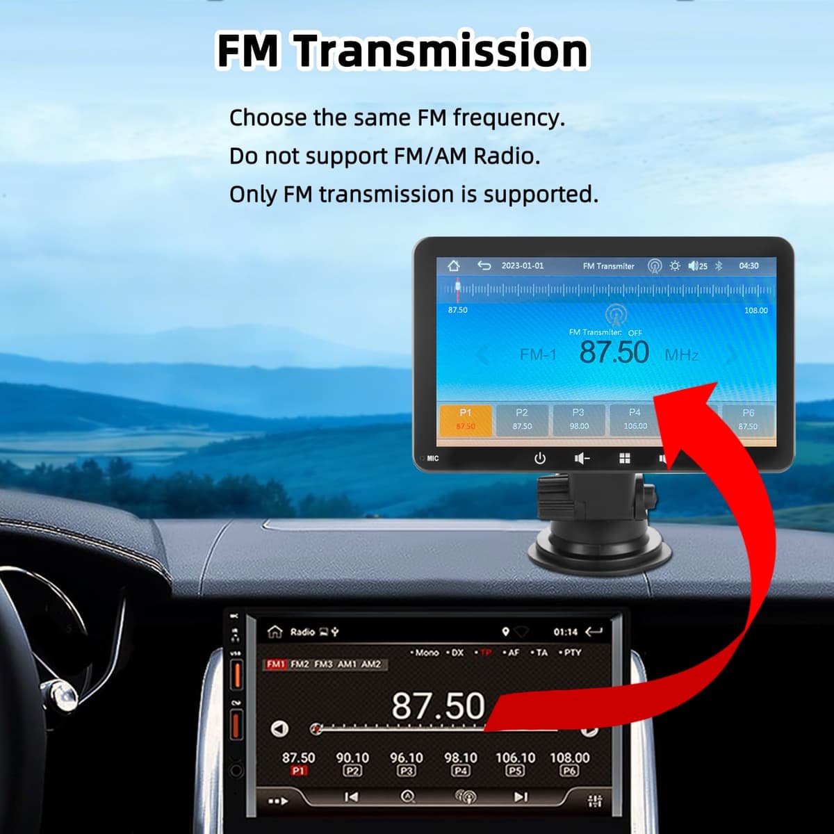 Pantalla Coche 7" con Carplay y Android Auto Inalámbrico - Radio Portatil con Pantalla Tactil | FM Transmisor, AUX, USB | Cámara Trasera | Plug & Play para la Mayoría de Coches (7 Pulgadas + cámara) — view 5