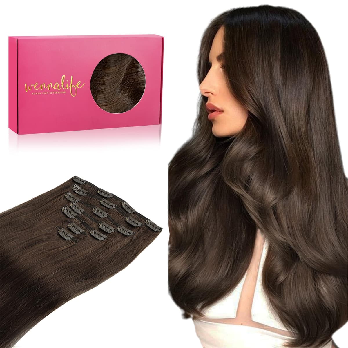 WENNALIFE Extensiones Clip Pelo Natural, 35cm 120g 7 Piezas, Castaño Chocolate Extensiones de Clip Natural Extensiones Pelo Remy Extensiones Cabello Postizos Mujer
