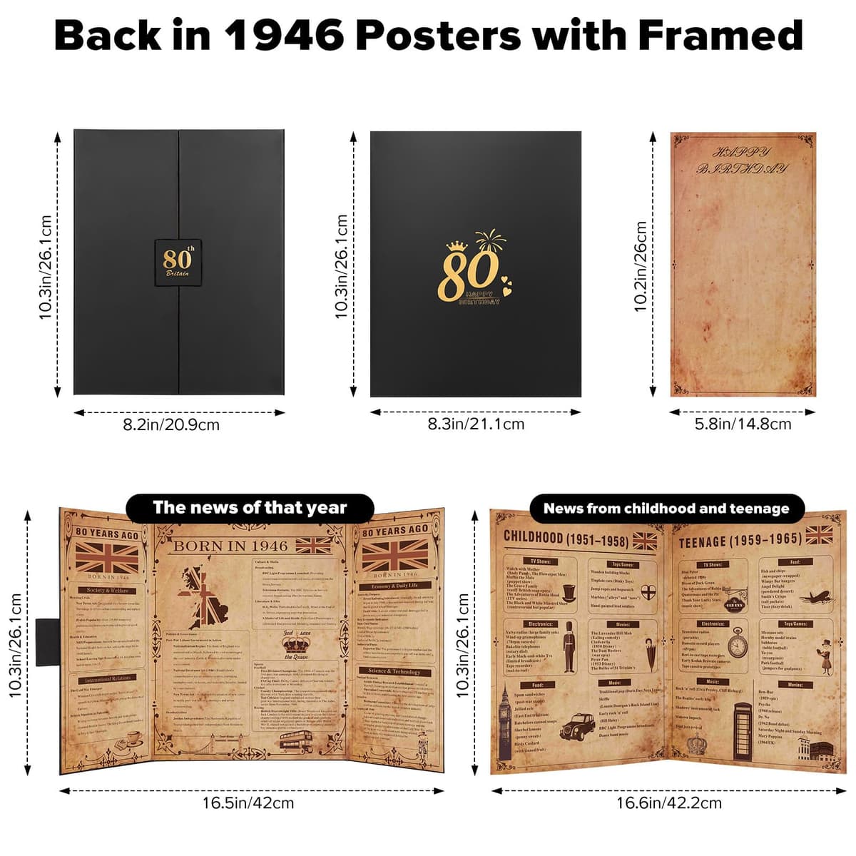 Born in 1946 UK 80th Birthday Gift Set with 3 Vintage Posters – Tri-Fold Birth Year Timeline, Dual-Fold Childhood Memories & Bonus Blank Greeting Card for Personal Messages, Retro Party Decorations — view 2