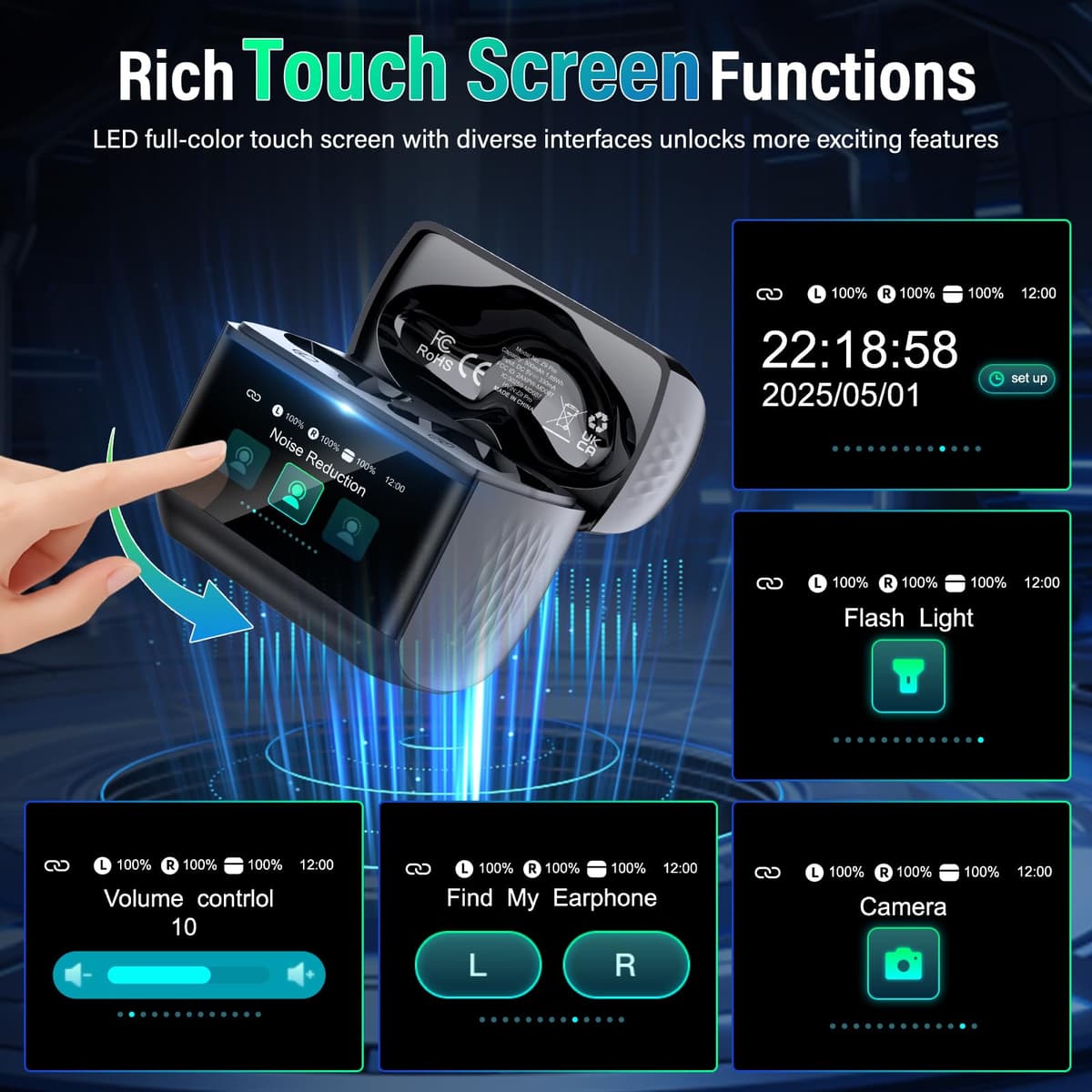 Wireless Headphones with LED Touch Screen, Bluetooth 5.4 HiFi Stereo Headphones with HD Mic, 48H Wireless Headphones with Noise Reduction ANC+ENC, IP7 Waterproof, Glossy Black — view 4