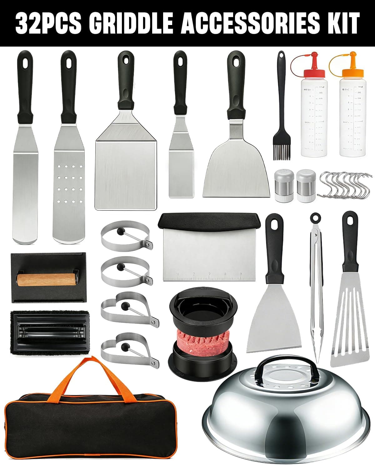Lorrtta 32pcs Griddle Accessories Kit, Teppanyaki Plancha Flat Top Grill Tools, Spatula Set with Basting Cover, Smash Burger Press, Storage Bag for Outdoor Grilling BBQ, Perfect BBQ Gifts for Men — view 5