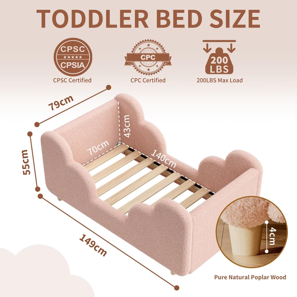 Toddler Bed, 140x70cm Soft Padded Kids Bed with Cloud-Shaped Safety Guardrails, Low Bed Frame for Girls Boys Children, Cot to Bed Transition (Mattress NOT Included) — view 3
