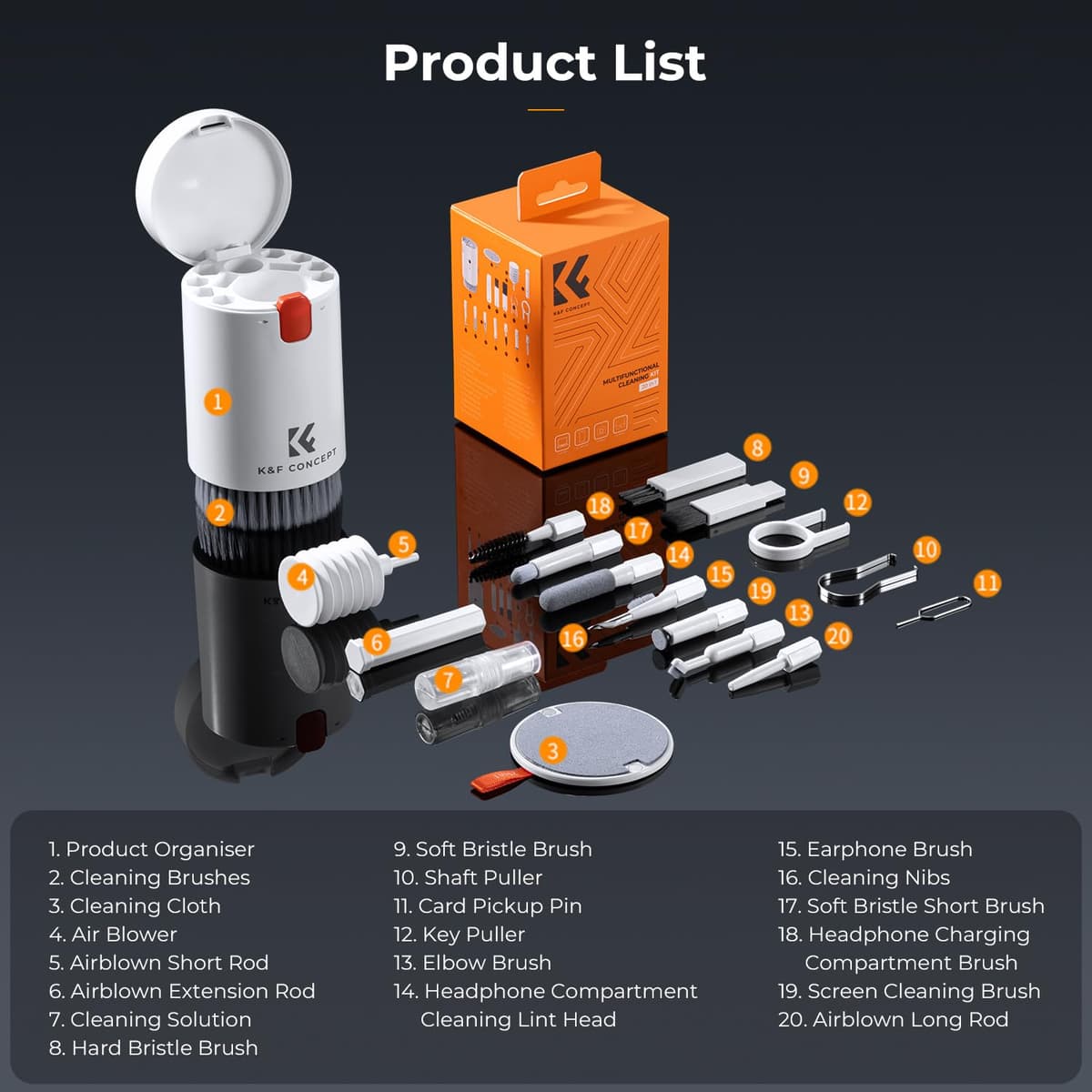 K&F CONCEPT 20 en 1 Kit Multifuncional Portátil de Limpieza Electrónica-Limpia Teclado, Pantalla de PC, Teléfono Móvil, Airpods, Lentes, Cámara, Herramientas de Limpieza para Múltiples Circunstancias — view 8