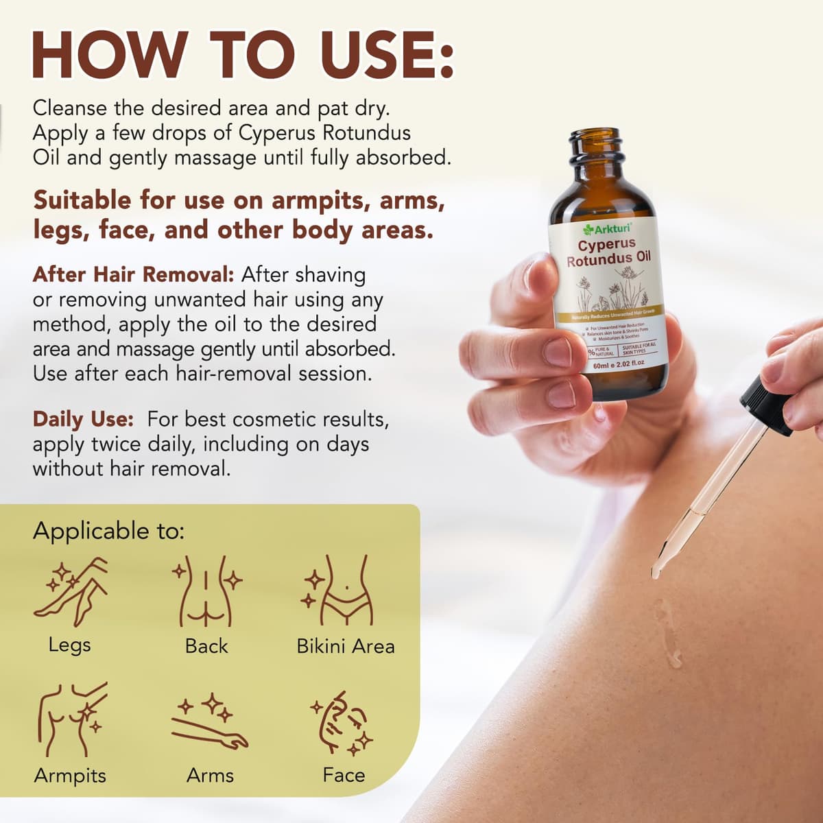 Cyperus Rotundus Oil, Aceite de Cyperus Rotundus 60 ml, Reduce el crecimiento del exceso de pelo en el cuerpo, hidrata y calmante la piel (1PC, 60ml) — view 7