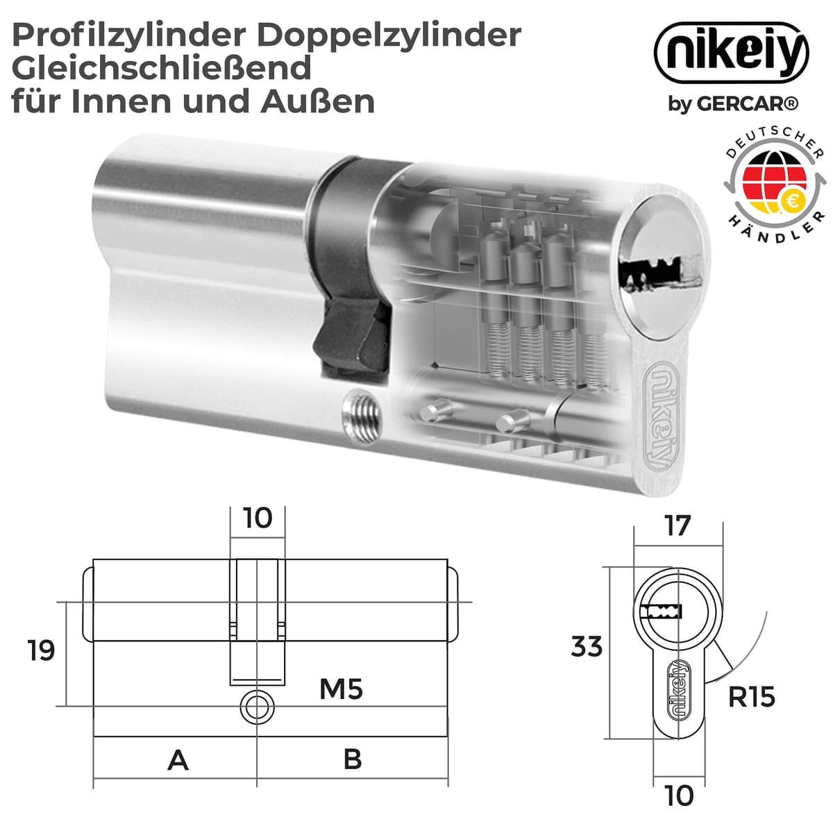 GERCAR 12 cilindros de cerradura con cierre uniforme, 12 cilindros de perfil 30/30, incluye 60 llaves de 60 mm, cerradura doble para puerta, juego de 12 unidades, longitud: 60 mm, A: 30 B: 30 — view 4