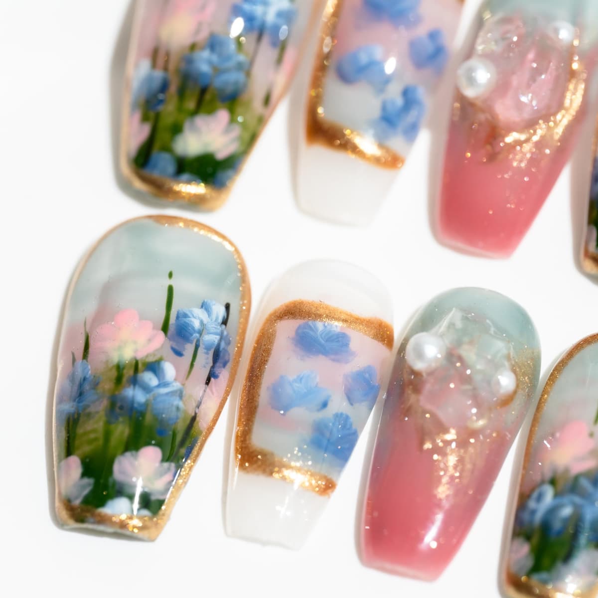Sun&Beam Nails Handmade Press On Nail Long Coffin Ballerina Pink Flower Acrylic Fake Tip 3D Design Art Charms Cute with Storage Box 10 Pcs (S) — view 100