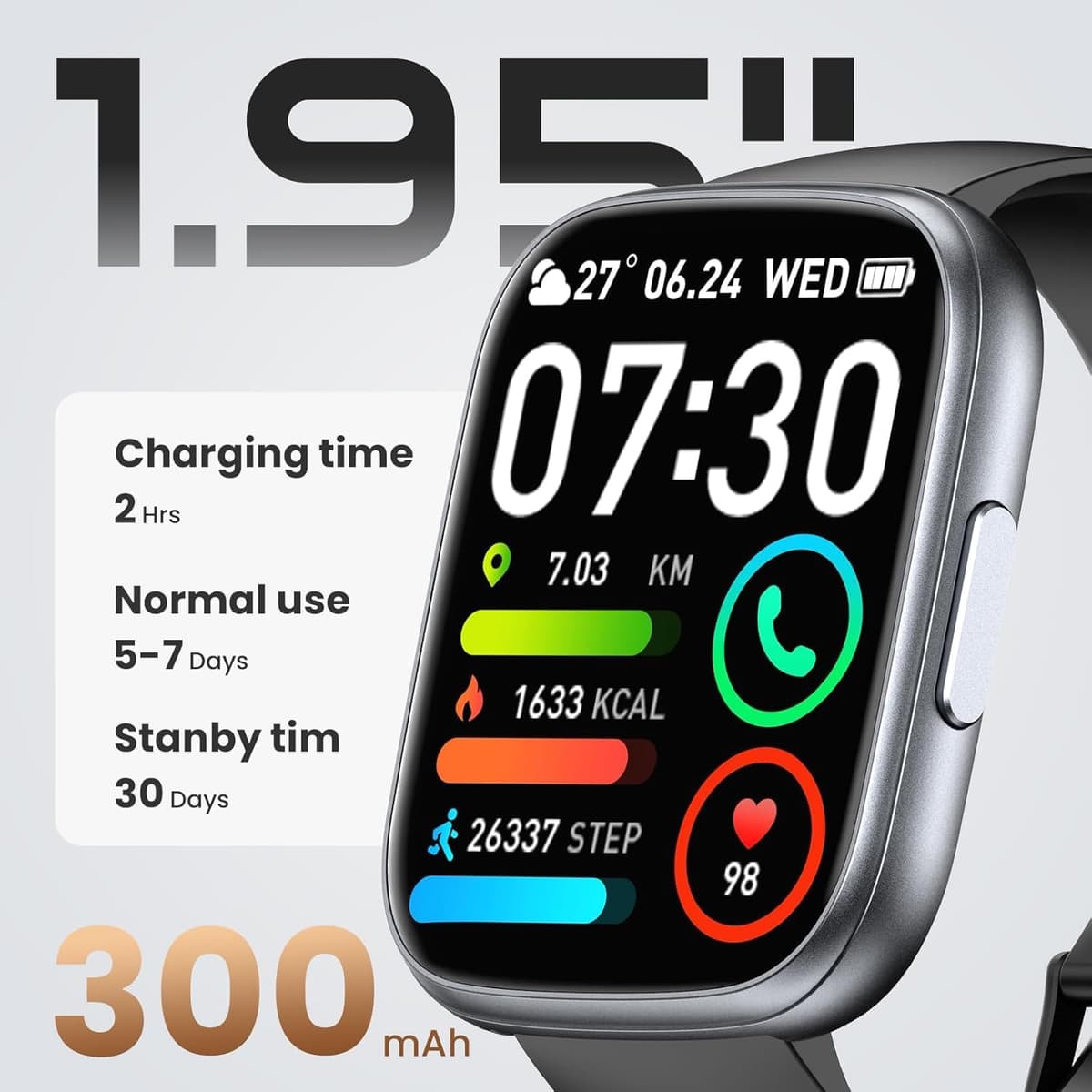 Smart Watch for Men Women Answer/Make Call, 1.95" HD Fitness Watch with Heart Rate/Sleep/Stress Monitor, 2026 Activity Tracker with 110+ Sport Modes, IP68 Waterproof Smartwatch for Android iOS, Black — view 2
