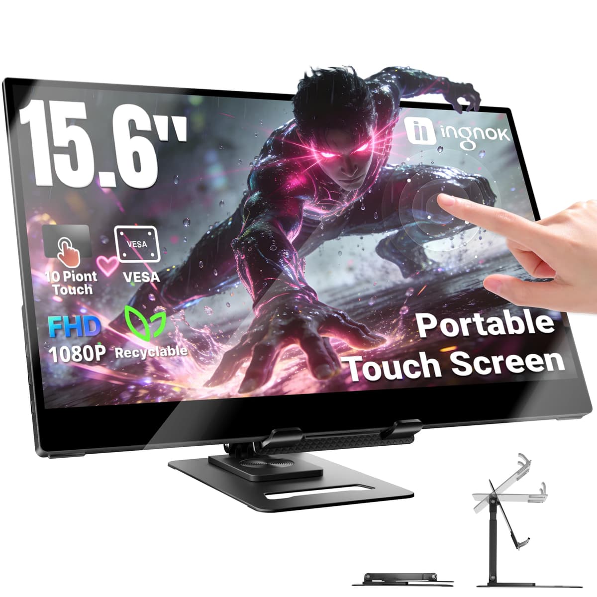 Ingnok Portable Monitor Touchscreen 15.6" FHD 10-Point Touch Screen Monitor W/Vesa & 360° Kickstand, 1200:1 USB-C Mini HDMI Ultra-Thin Travel Monitors for Laptop/PC/Macbook/Phone