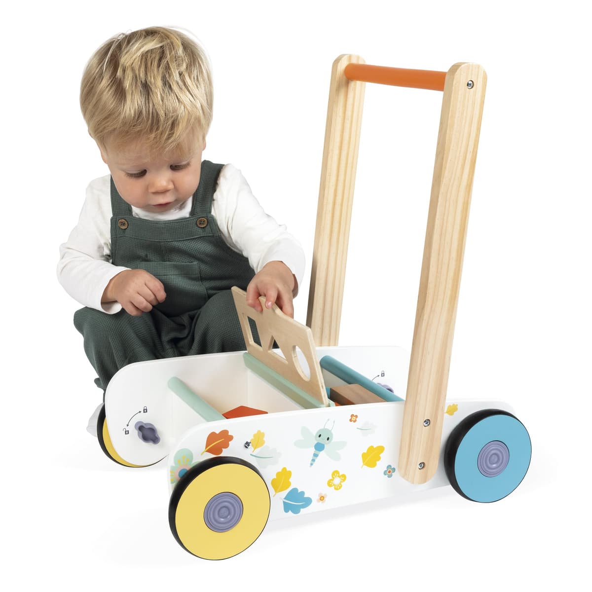 Janod - Carrito para bebés y niños de Madera A Partir de 12 Meses - 18 Piezas de Madera Incluidas + Caja con Forma - Ruedas silenciosas + Sistema de Freno - A Partir de 1 año — view 4