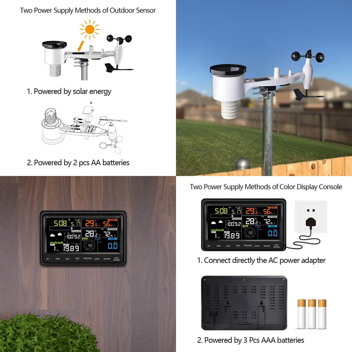 Ecowitt Estación meteorológica inalámbrica Wi-Fi - Estación meteorológica digital profesional con pantalla a color grande, sensor 7 en 1 para exteriores, sensor integrado para interiores, WS2910 — view 4