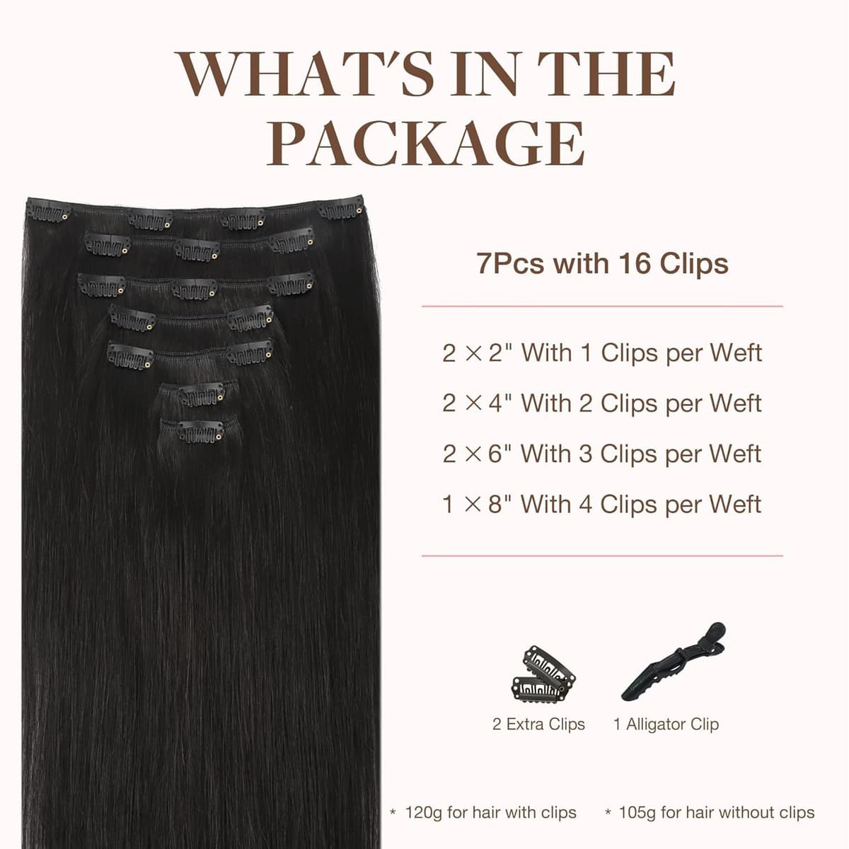 GOO GOO Clip in Human Hair Extensions, 16inch 120g 7pcs, Hair Extensions Clip in, 1B Black — view 2