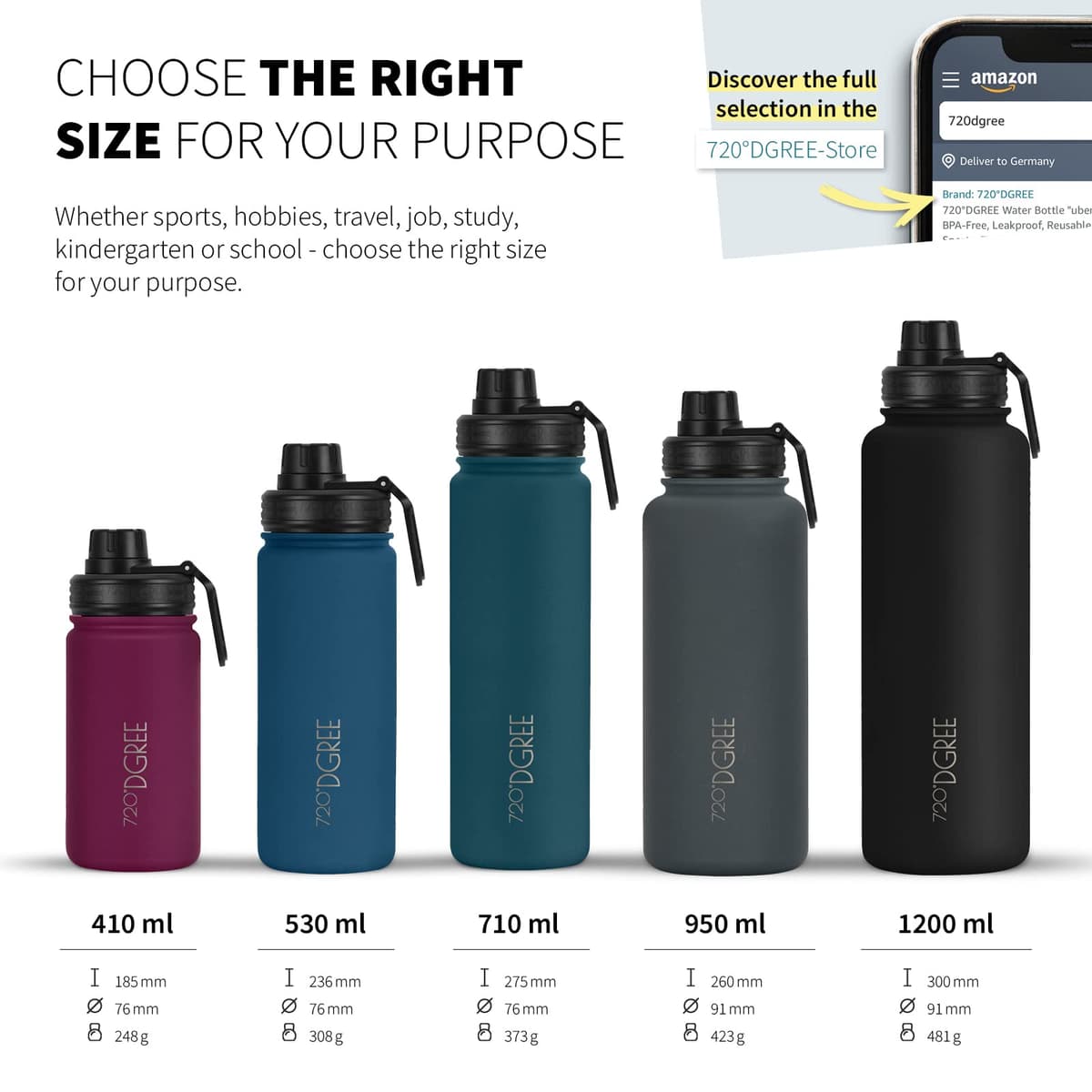 720°DGREE Vaccum Insulated Water Bottle “noLimit“ - 410ml, 530ml, 710ml, 950ml, 1200ml - Leakproof, BPA-Free, Thermo Stainless Steel Flask - Sports, Gym, School, Travel, Carbonated Drinks +Sports-Cap — view 3