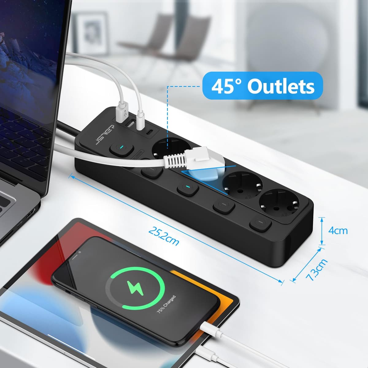 JSVER Regleta Enchufe USB de 4 Tomas con 4 Interruptor Individualcon, Regleta 4 USB Puertos(2 A,2 C) Alargadera Electrica para el hogar, la Oficina y los ViajesCable 2m-Negro — view 5