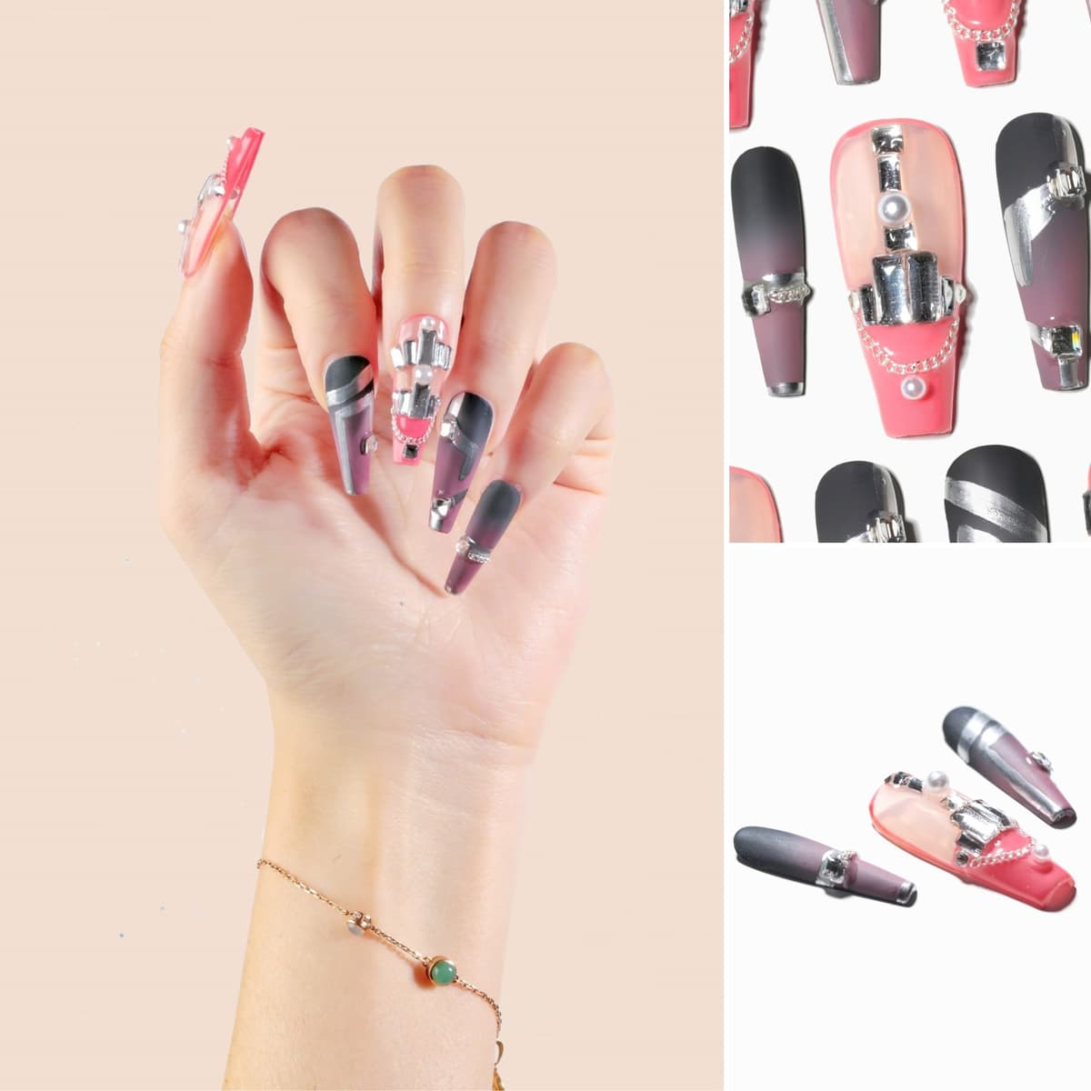 Sun&Beam Nails Handmade Press On Nail Long Coffin Ballerina Pink Flower Acrylic Fake Tip 3D Design Art Charms Cute with Storage Box 10 Pcs (S) — view 152