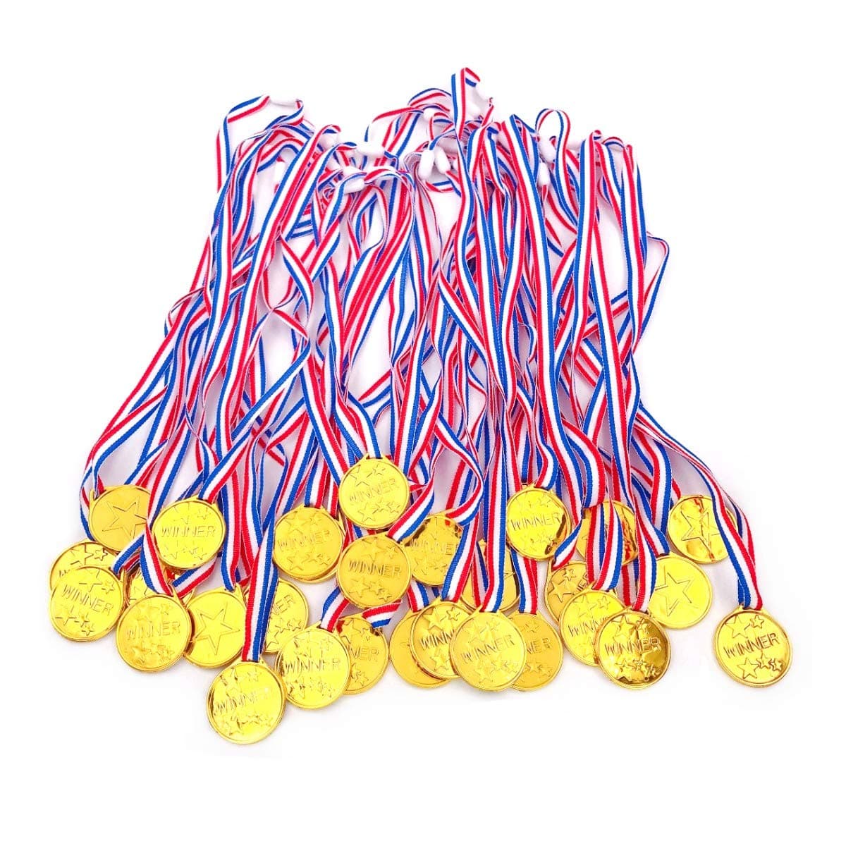 JZK 30 medallas doradas de plástico con cintas, regalos de fiesta y juguetes para niños