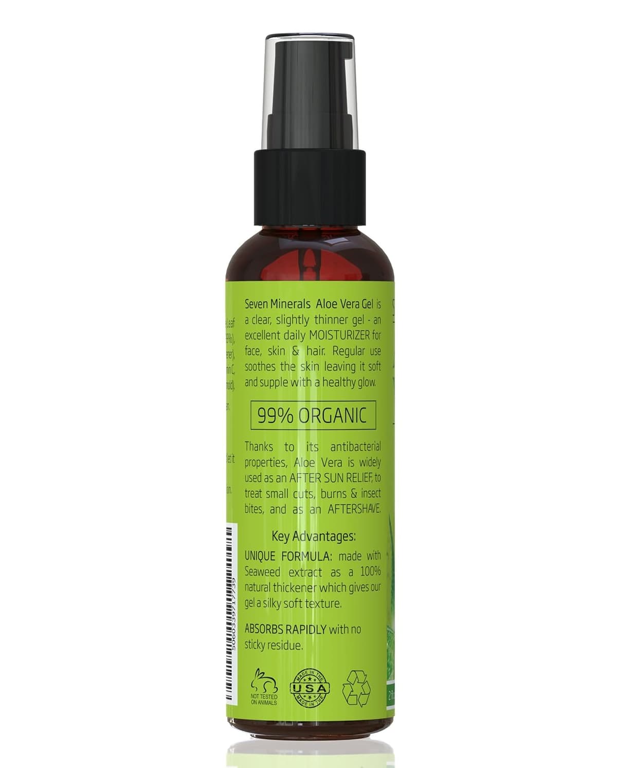 Seven Minerals, Travel Size Organic Aloe Vera Gel from freshly cut 100% Pure Aloe - 2 Fl Oz - HighestQuality, Texas grown, Vegan, Unscented - For Face, Skin, Hair, Sunburn relief (2 Fl Oz) — view 2