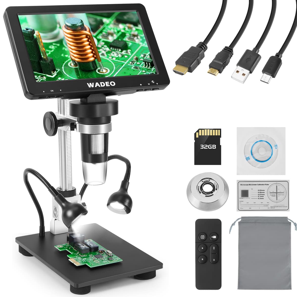 WADEO 7'' LCD Digital Microscope 1200X, 16MP 1080P Coin Microscope with 8 LED Lights and Fill Light, Compatible with PC/TV, Windows/Mac OS, with 32G Card and Remote Control