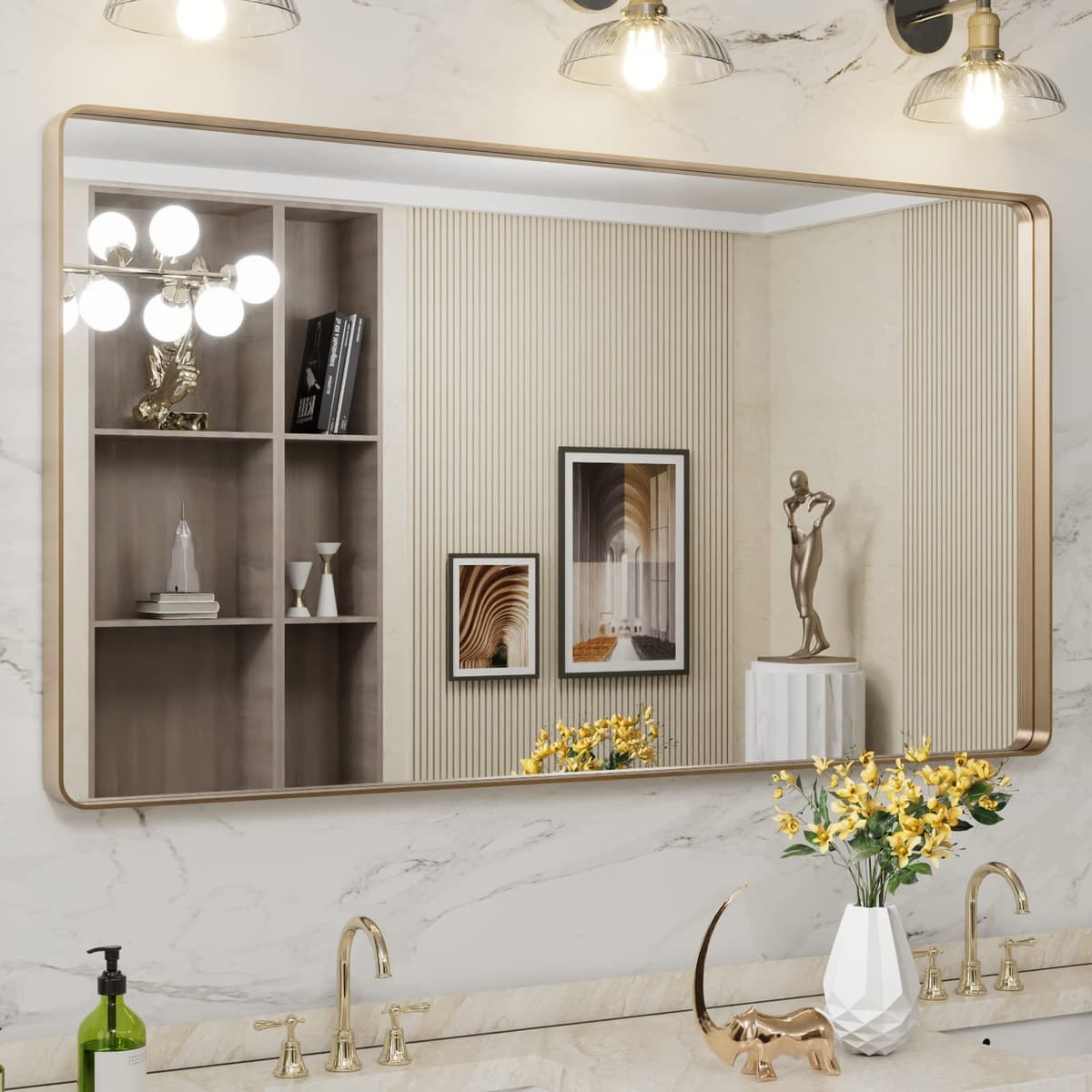 LOAAO 48”X36” Gold Bathroom Mirror, Rounded Rectangle Gold Frame Mirror, Brushed Gold Bathroom Vanity Mirror Wall-Mounted, Anti-Rust, Tempered Glass, Hangs Horizontally or Vertically — view 93