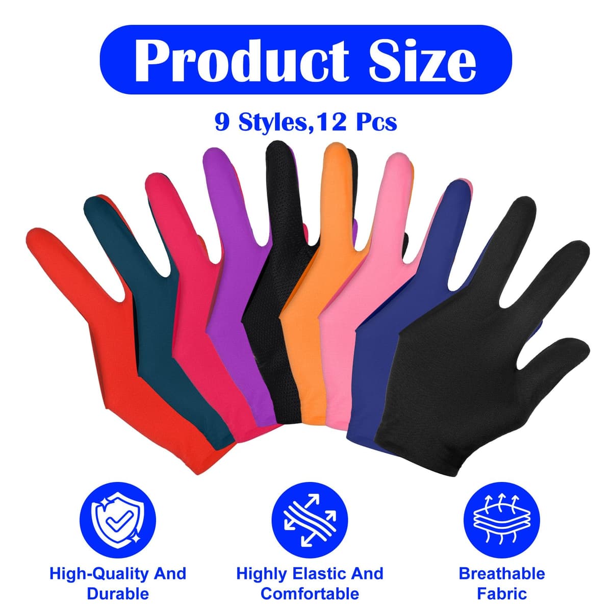 12 guantes de billar de tres dedos, transpirables, elásticos, para billar, cue para piscina, guantes profesionales de billar, para juegos de piscina, snooker, carom — view 2