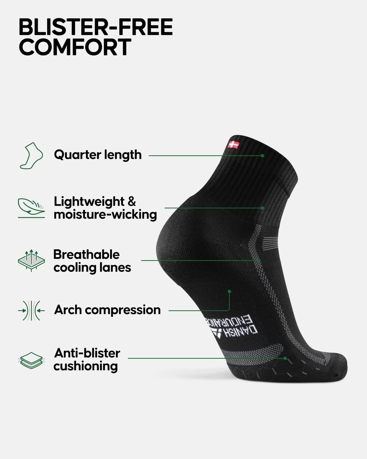 DANISH ENDURANCE Cushioned Running Socks for Long Distances, Anti-Blister & Sweat Wicking, Quarter Length, for Men & Women, Unisex, 3 or 5 Pack — view 2