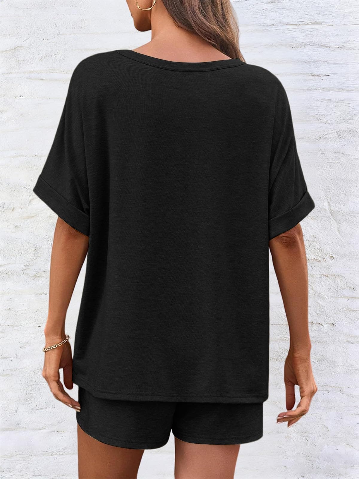 Mujer Conjunto Chándal 2 Piezas De Pantalones Verano Cortos Con Casual De Camiseta Bolsillos Y Cuello Redondo Top，Negro，S — view 3