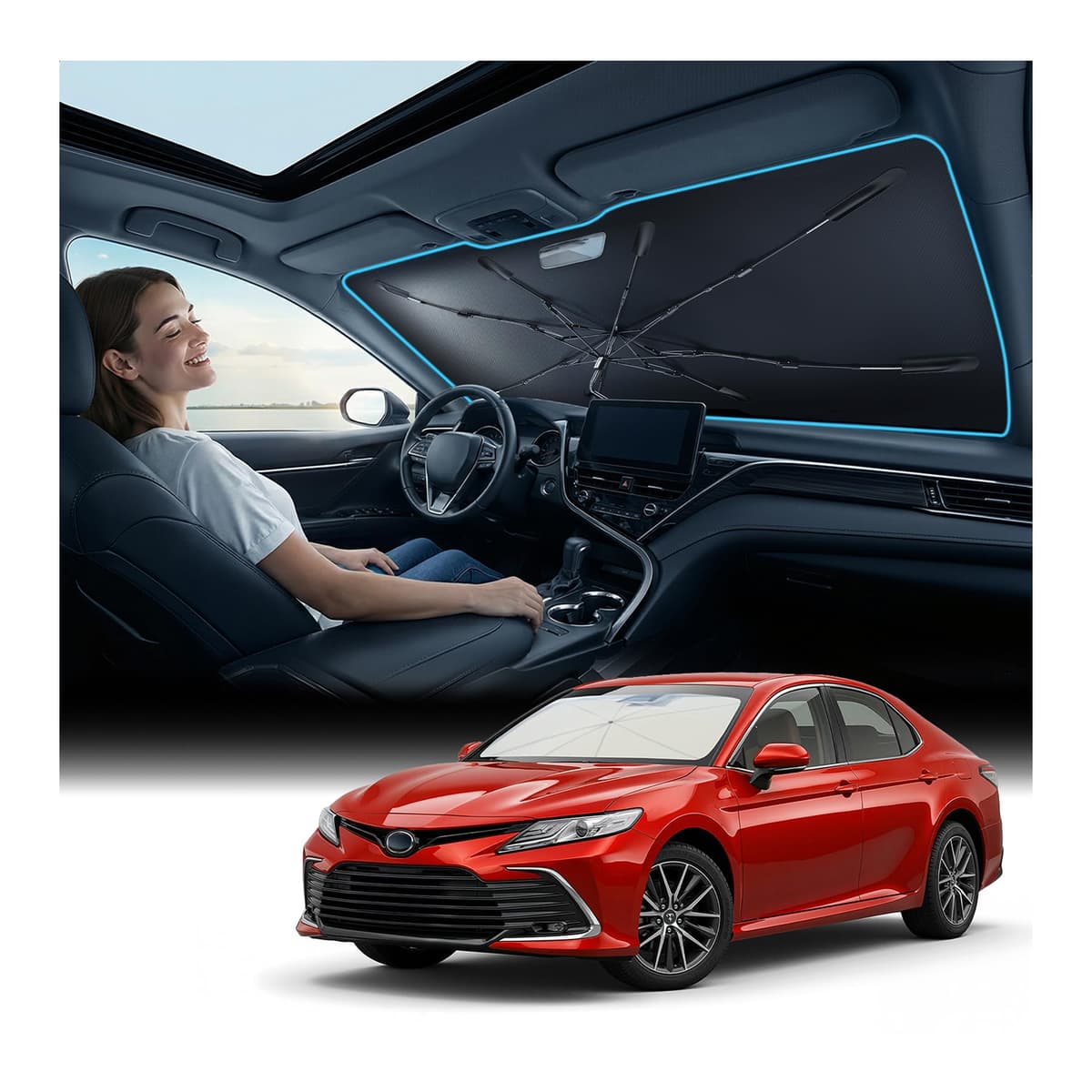 [Upgraded] Nmoiss Windshield Sun Shade Umbrella - [Vinyl Coating Heat Shield] Protect Car from Sun Rays & Heat Damage Keep Cool and Protect Interior, Spring Structure Edge Medium 56" L x 31" W — view 17