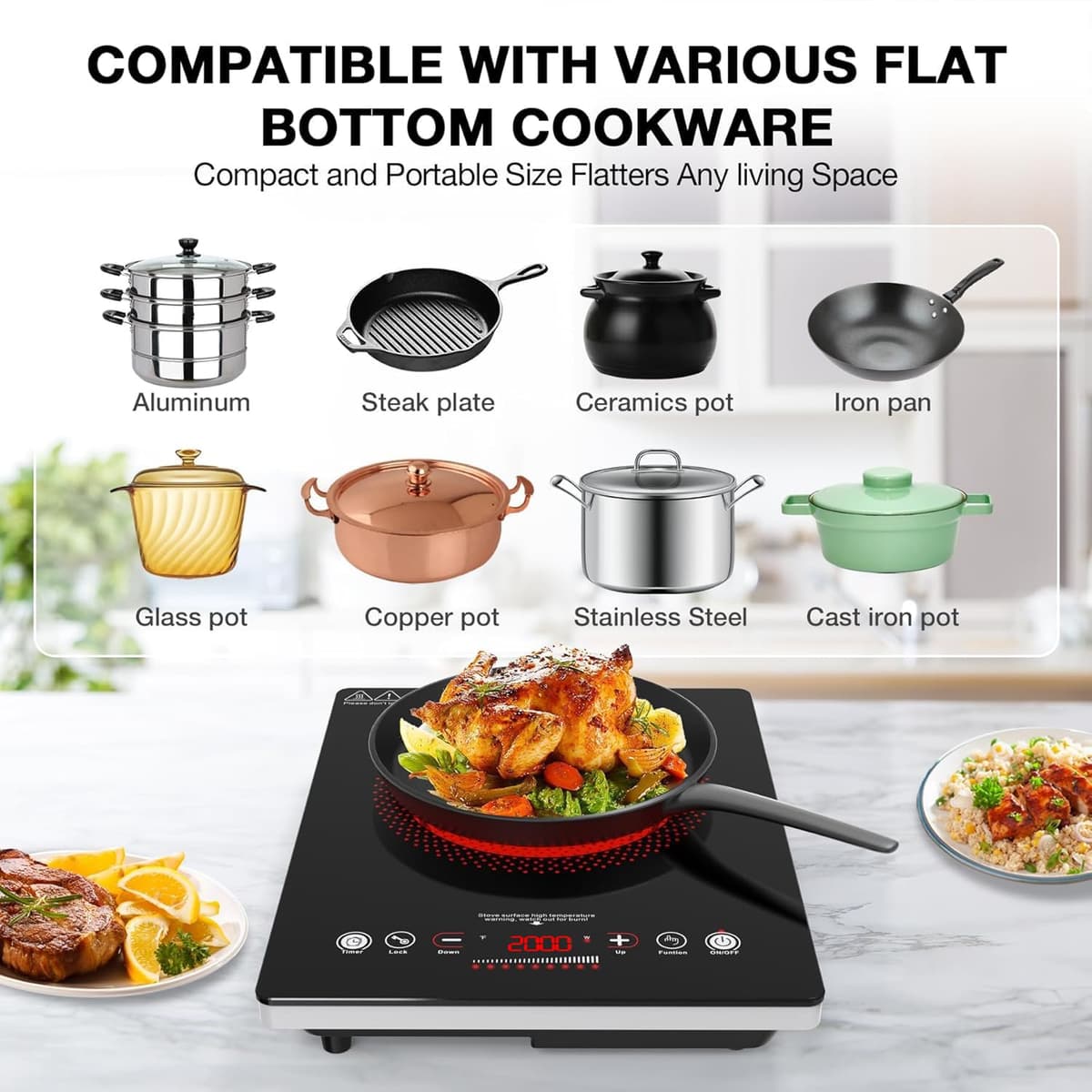 VBGK Electric Ceramic Hob with Plug-in, Single Electric Hob, Single Cooking Zone with LCD Touch Screen, 4-Hour Timer, 9 Power Levels Up to 2000W, Safety Lock, 220-240V — view 5