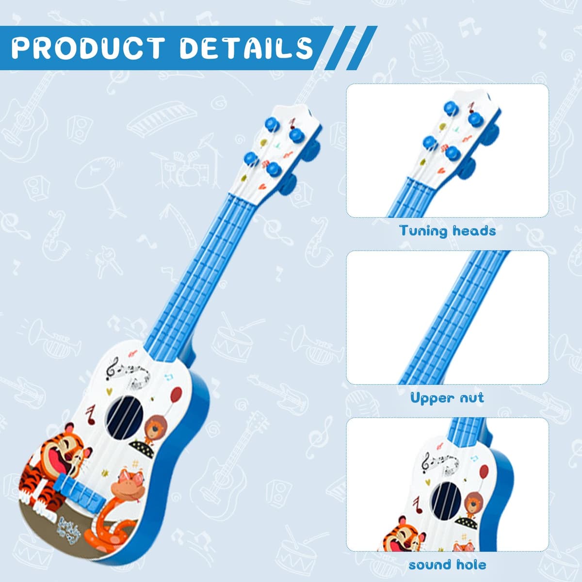 Juguete de Guitarra Ukelele para Niños, 41cm Juguete Musical de Guitarra Instrumentos con 4 Cuerdas Ajustables, Juguetes Educativos de Aprendizaje Musical para Niños y Niñas Principiantes (Azul) — view 3