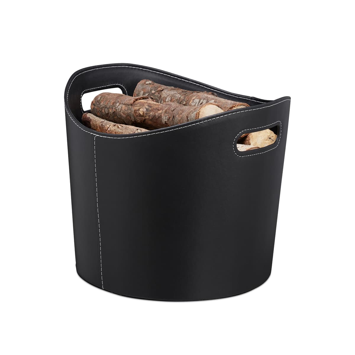 Relaxdays Cesta Leña con Asas, Leñero Interior, Cuero Sintético, 31,5 x 39,5 x 38 cm, Negro