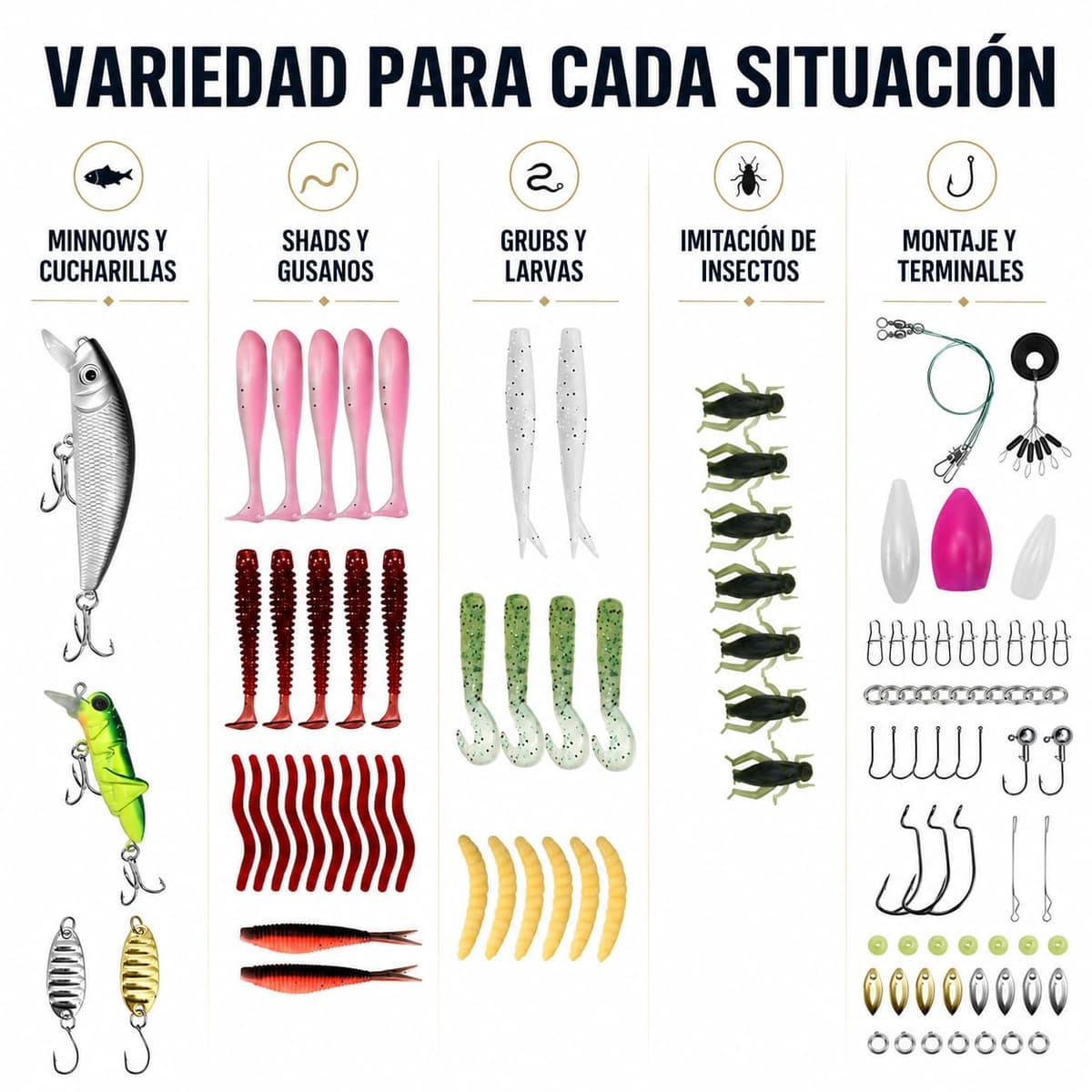 Kit de Señuelos de Pesca Spinning - Caja de Aparejos Completa con Cebos Artificiales Mixtos: Minnow, Saltamontes, Vinilos, Cucharillas y Anzuelos - Equipo de Pesca para Mar y Río (Black Ba — view 3