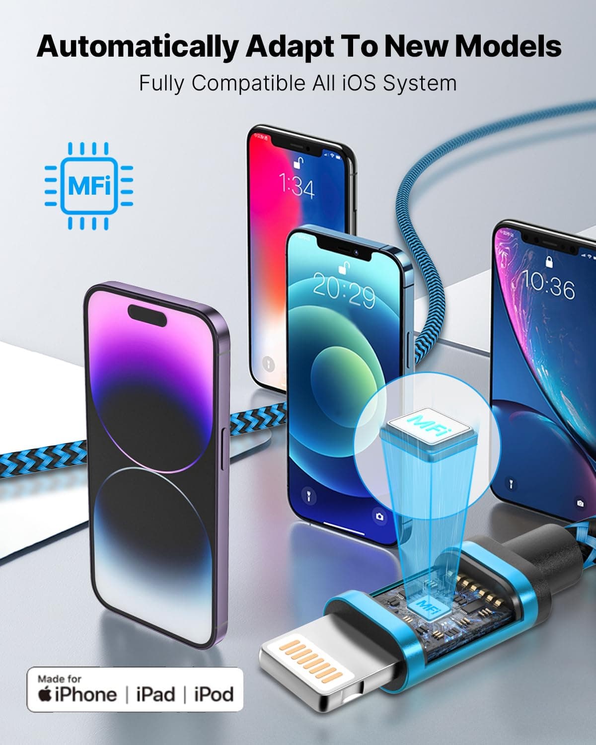 3Pack 2M iPhone Charger Cable, Long iPhone Charging Cable MFi Certified Lightning Cable Fast Charging Cord Braided i Phone Charger Lead USB Cord for Phone 14 13 12 11 Pro Max XS XR 8 7 6 SE, iPad — view 2