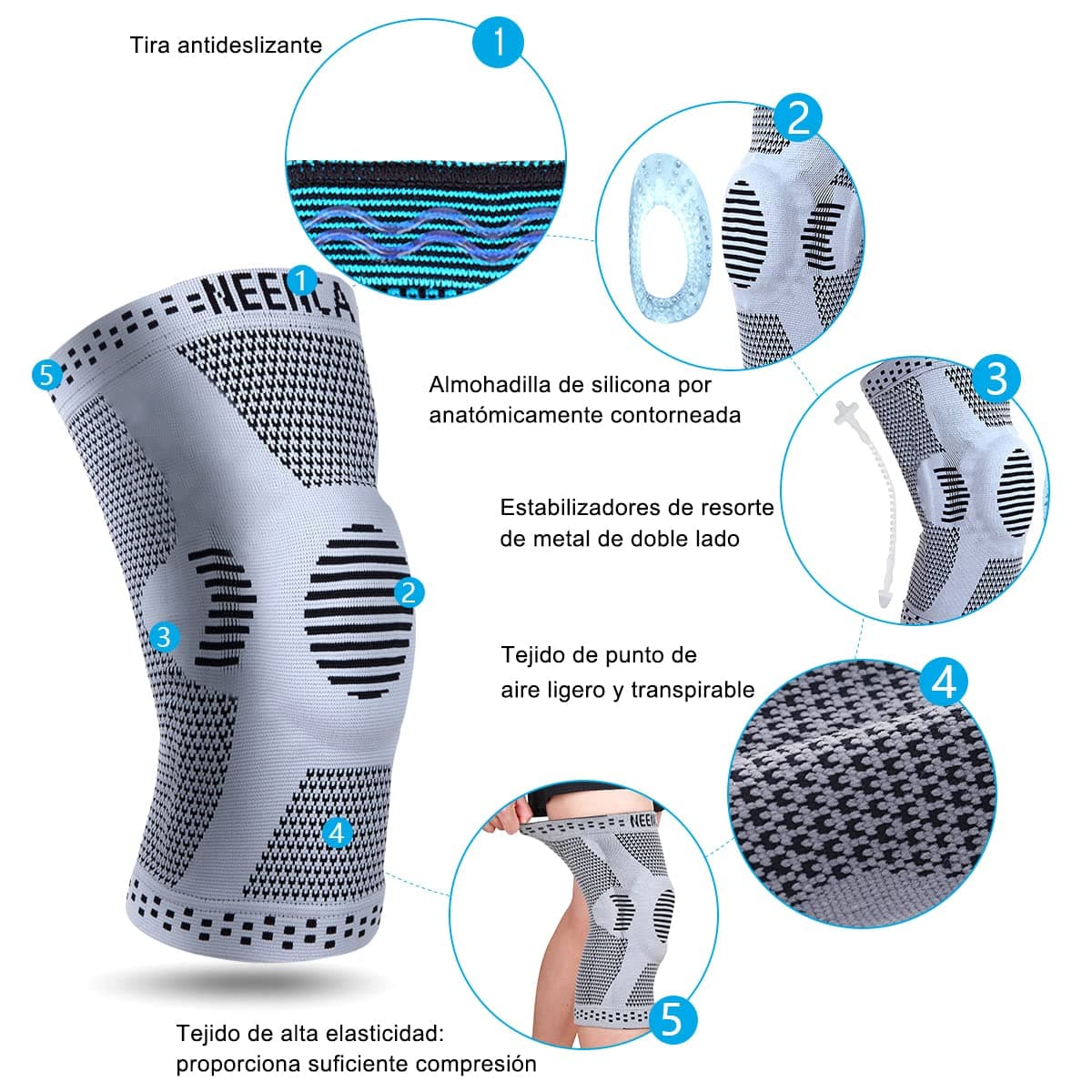 NEENCA Rodillera Profesional, Rodillera de Compresión con Almohadillas de Gel de Rótula y Estabilizadores Laterales para Hombre y Mujer, Rodilleras de Grado Médico para Correr, Desgarro de Menisco — view 3