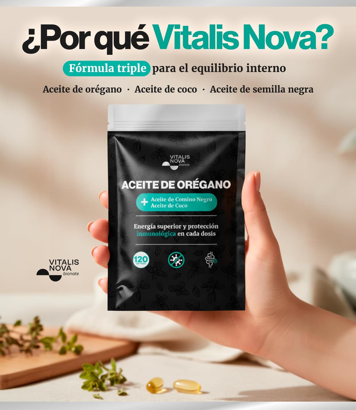 VITALIS NOVA Aceite de Oregano 120 Capsulas Blandas 150mg Activo Principal 100mg Semilla Negra 250mg Coco Formula 3en1 Carvacrol Potente Digestivo Defensas Naturales Facil de Tragar Uso Contra Candida — view 3
