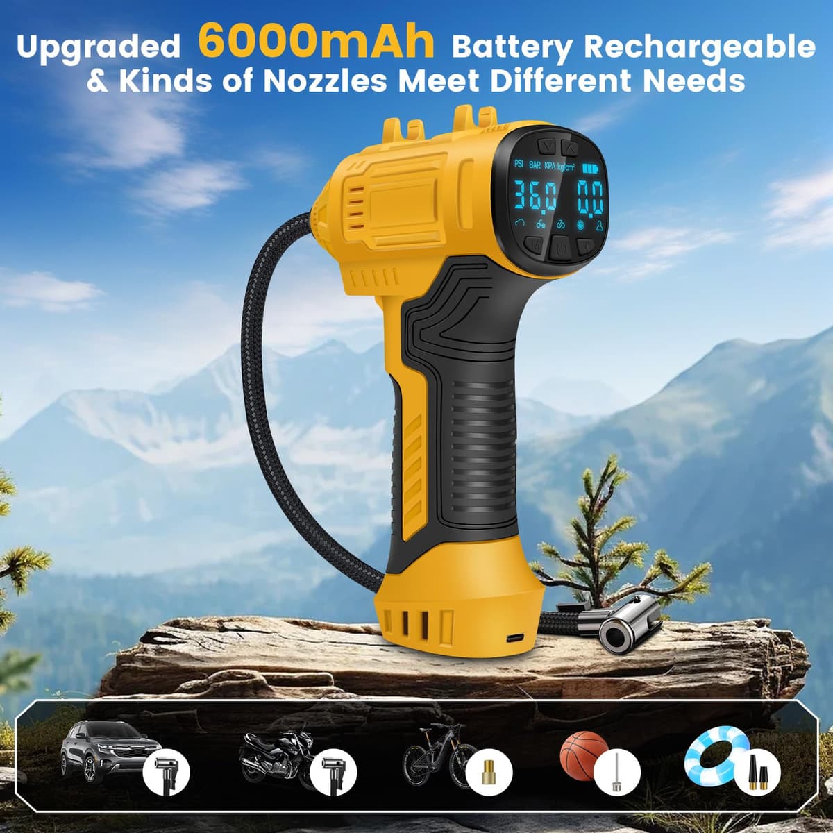 Cordless Tyre Inflator Air Compressor, 25L/min Hand Held Digital Tyre Pump with Pressure Gauge, Rechargeable Battery, Portable Car Accessories with LED Light Electric Pump for Car/Bike/Motorcycle/Ball — view 7