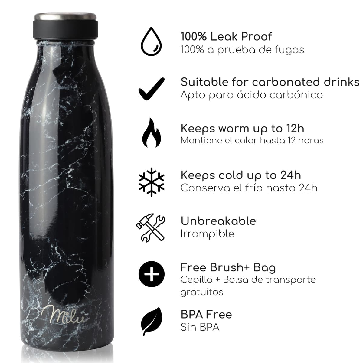 Milu Botella de acero inoxidable de 350ml 500ml 750 ml 1 L 1,5 L botella de agua aislada, termo a prueba de fugas, doble pared, apta para ácido carbónico + cepillo de limpieza (Azul Violeta, 350ml) — view 87