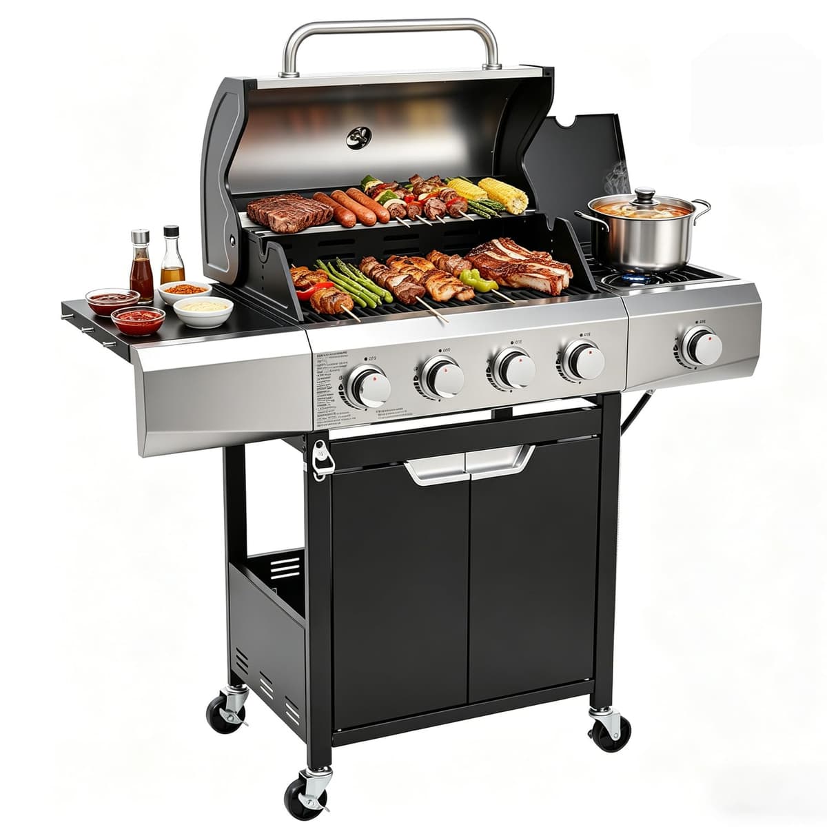 EUHOME 40,500 BTU 3-Burner Propane Gas Grill with Side Burner,Stainless Steel Outdoor BBQ Grill Portable with Wheels and Cast Iron Grates for Patio Garden Barbecue Cooking — view 12