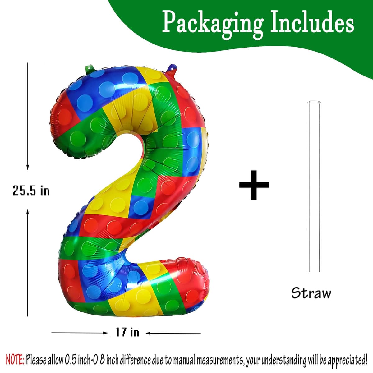 CHANGZHONG 32 Inch Building Block Number 2 Balloons 2 Years Old Balloons Large Big Helium Foil Mylar Balloon for 2nd Birthday Party Decoration Supplies — view 2