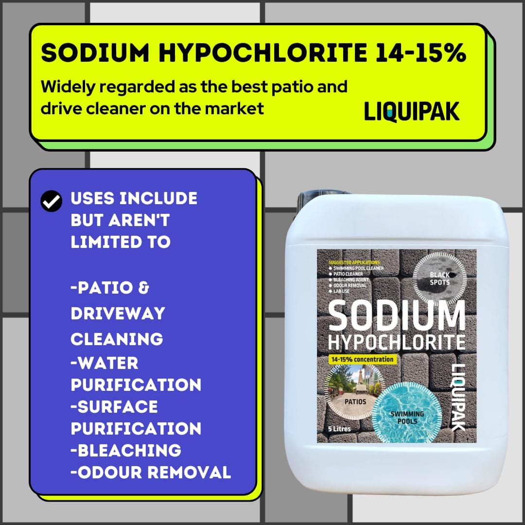 Liquipak Sodium Hypochlorite 20 Litres Patio Cleaner (4x5L) | High Strength 14-15% Concentration | Swimming Pool Liquid Chlorine & Black Spot Remover | Bleach Solution — view 4