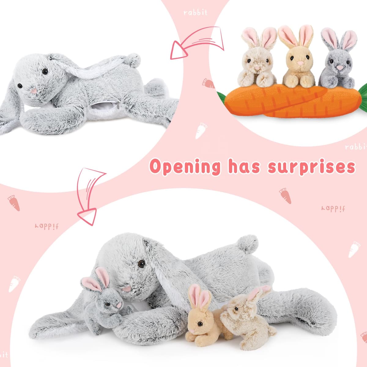 MorisMos Giant Easter Bunny Teddy Soft Toy, 60cm Cuddly Rabbit Teddy with 3 Baby Inside, Big Fluffy Bunny Stuffed Animals Gift for Kids Girlfriend Birthday Easter Decorations — view 2