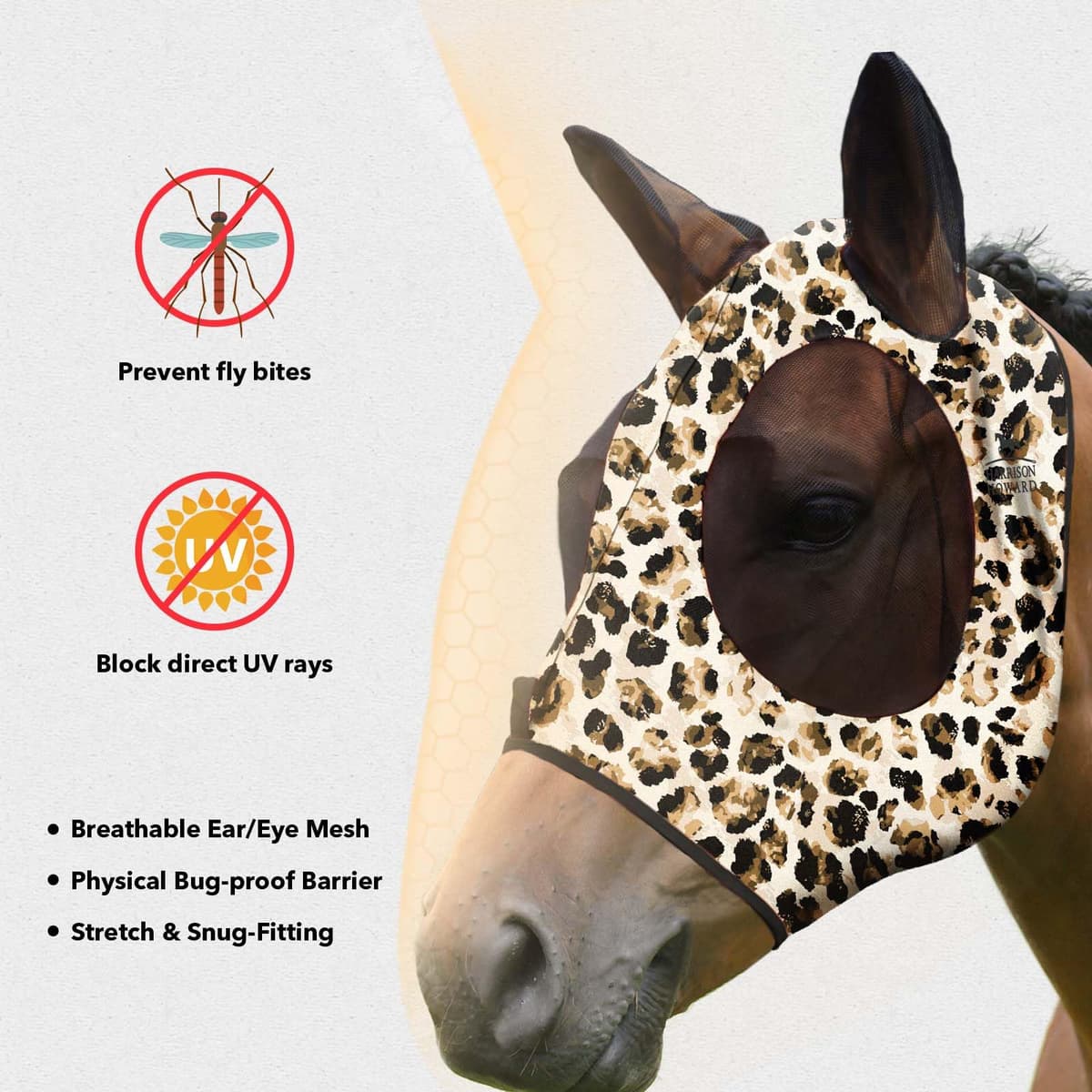 Harrison Howard Máscara elástica para Caballo, excelente Comodidad con protección UV, máscara estándar para Caballo, Estampado de Leopardo — view 2