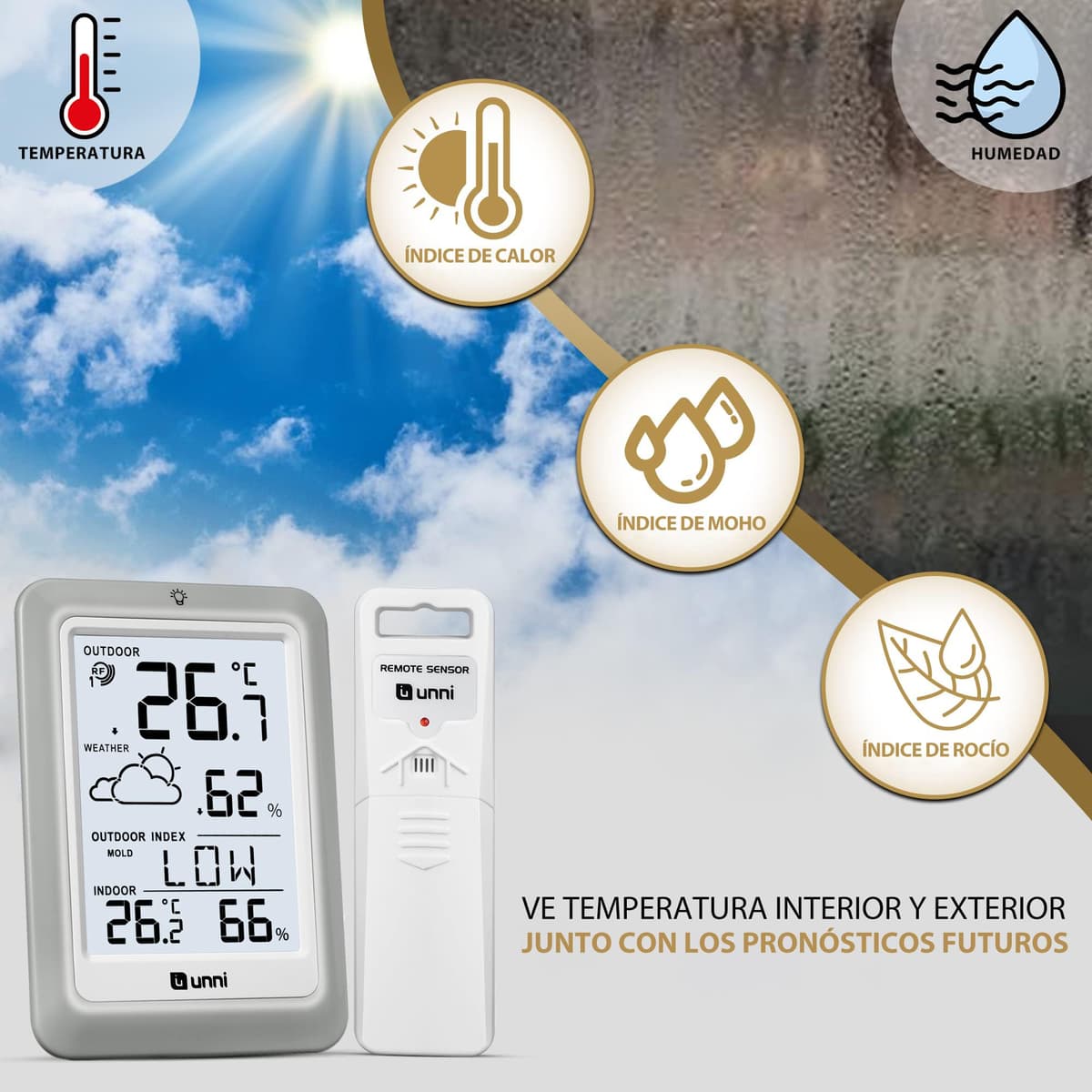 Termómetro inalámbrico para interiores y exteriores funciona con baterías, Sensor remoto de 100 m de alcance y pantalla con retroiluminación — view 3