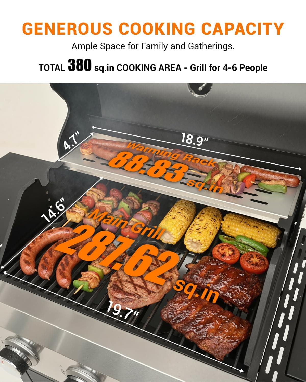 EUHOME 40,500 BTU 3-Burner Propane Gas Grill with Side Burner,Stainless Steel Outdoor BBQ Grill Portable with Wheels and Cast Iron Grates for Patio Garden Barbecue Cooking — view 4