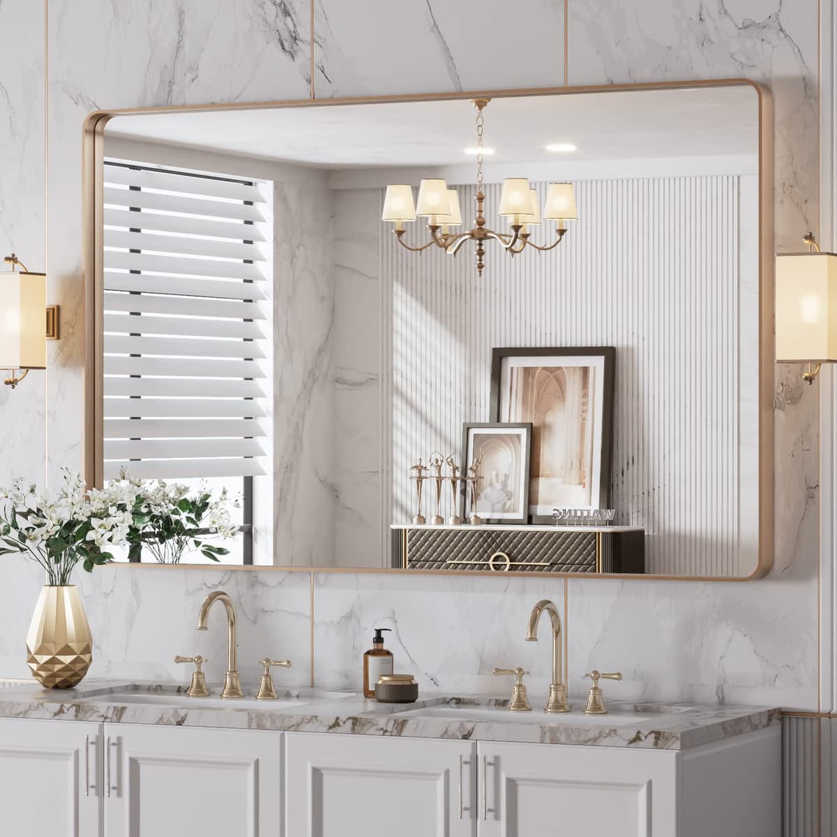 LOAAO 48”X36” Gold Bathroom Mirror, Rounded Rectangle Gold Frame Mirror, Brushed Gold Bathroom Vanity Mirror Wall-Mounted, Anti-Rust, Tempered Glass, Hangs Horizontally or Vertically — view 97