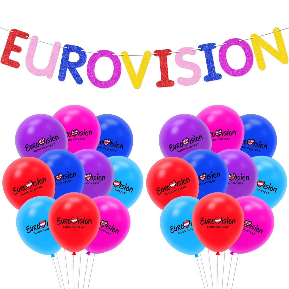 21 Pcs Eurovision 2026 Party Decorations Set, 12 Inch Multicolour Latex Balloons and Glitter Eurovision Banner, Vienna 2026 Celebration Themed Supplies for Eurovision Song Contest Watch Party