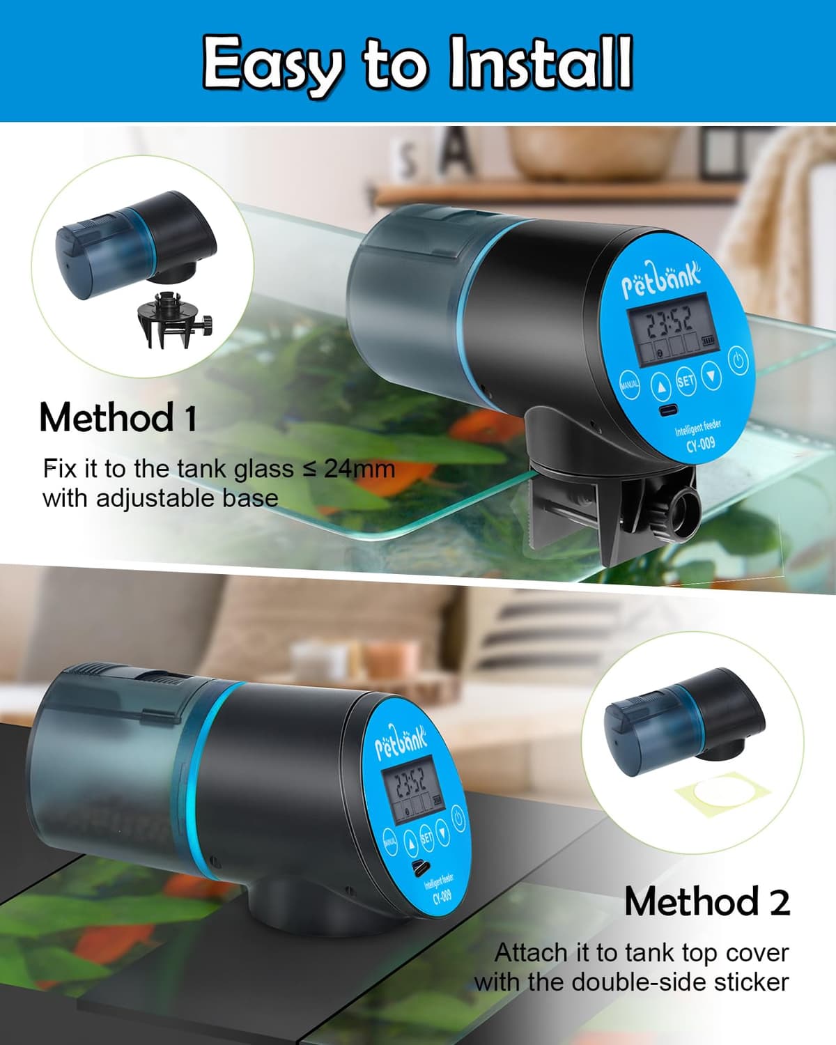 Petbank USB Charger Alimentador Automático Acuarios con Temporizador Recargable, Dispensador Comedero Acuario con Pantalla LCD, Dispensador Comida Peces Automatico, Azul — view 4