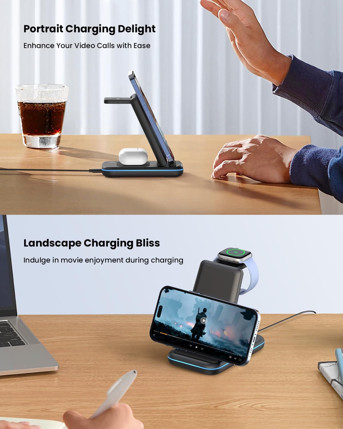 JoyGeek Cargador Inalámbrica, Plegable 3 en 1 Base Cargador para i Phone 17/16/15/14/13/12/Plus/Pro MAX, Estación de Carga para AppleWatch Ultra-2, Rapida Wireless Charger para AirPods 4/Pro/3/2-Negro — view 6